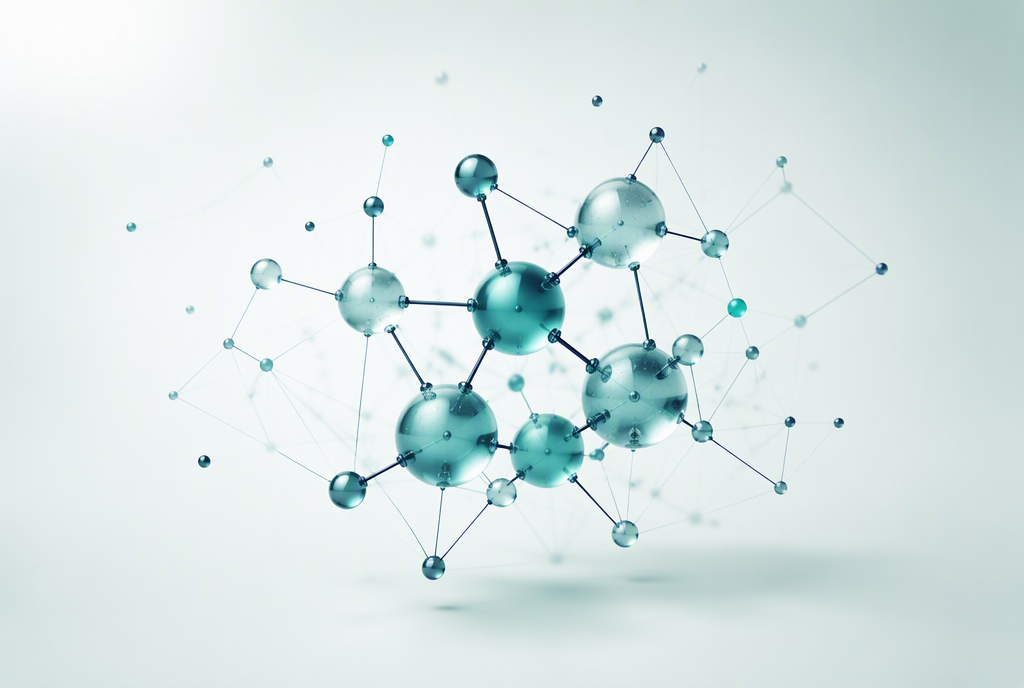 Abstract teal molecular spheres connected by fine navy network lines